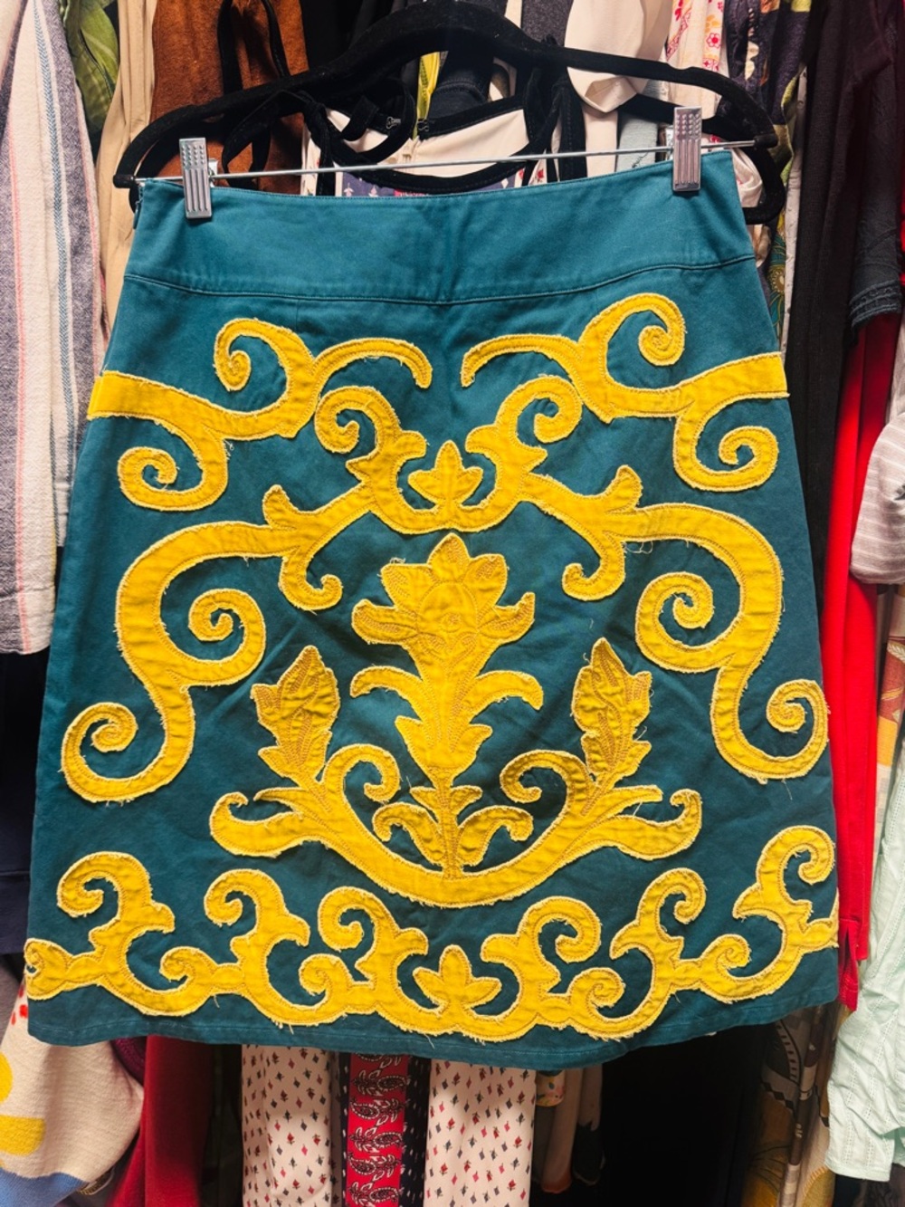 Boden Teal A-Line Skirt with Yellow Embroidered Motif
